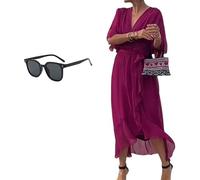 Generico Keepholdon Dress, Elegant V-Neck Maxi Dress with Sleeves,Comfortable Skin-Friendly, High Waist Irregular Chiffon Summer Dress (Fuchsia,L)