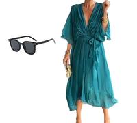 Generico Keepholdon Dress, Elegant V-Neck Maxi Dress with Sleeves,Comfortable Skin-Friendly, High Waist Irregular Chiffon Summer Dress (Lake Blue,5XL)