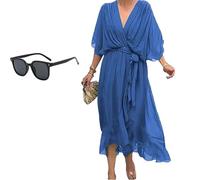 Generico Keepholdon Dress, Elegant V-Neck Maxi Dress with Sleeves,Comfortable Skin-Friendly, High Waist Irregular Chiffon Summer Dress (Blue,S)