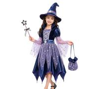 Generico Kids Witch Costume, Girls Halloween Carnival Outfit With Hat Bag | 4-Piece Set, Smooth Lightweight, Loose Design For Dress Up Party Stage Performance