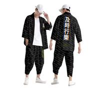 Generico Kimono Uomo Giapponese Set Ninja Samurai Giapponese Tuta Uomo Cotone Harajuku Anime Robe Cinese Stampato Vestiti Cardigan Pantaloni Harem Pigiama Abbigliamento Vapore Maniche Corte