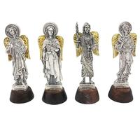 Generico Kit 004 Stock Lotto 4 statuine Argento con Base Legno angelo arcangelo Michael Gabriele Raffaele Uriele con Ali Oro Dorate