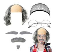 Generico Kit Albert Einstein, Grigio Parrucca Calvo Pelata Baffi Finta Sopracciglio Occhiali, Parrucca da Scienziato, Costumi da Professore Pazzo per Halloween Carnevale Cosplay Festa Bello
