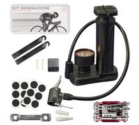 Generico Kit Riparazione Bici 3 in 1 - Multitool 10 in 1, Kit Foratura con Leve e Patch, Pompa a Pedale con Manometro, Valvole Universali - MTB, Gravel, Strada