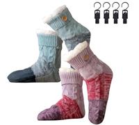 Generico Knitted Ultra-Thick Slipper Home Socks, Tri-color Knit Patchwork Non-Slip Warm Winter Socks with Fleece Lined, for Winter (purple+blue)