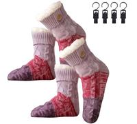 Generico Knitted Ultra-Thick Slipper Home Socks, Tri-color Knit Patchwork Non-Slip Warm Winter Socks with Fleece Lined, for Winter (2pcs purple)