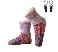 Generico Knitted Ultra-Thick Slipper Home Socks, Tri-color Knit Patchwork Non-Slip Warm Winter Socks with Fleece Lined, for Winter (Purple)