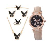 Generico Ladies Analogous Quartz con braccialetto in pelle - Orologi da polso per donne | Set di orologi a farfalla in 5 parti | Canda per le donne Women Watch Owatchs Strass Watch Set Gift