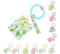 Generico Ladies' Boho Style Wristlet Wallet Keychain With Beaded Tassel Decoration ID Bag Floral Print, Lightweight Feel Compact Size Soft Texture Pouch (Pineapple-A)