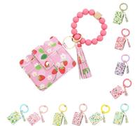 Generico Ladies' Boho Style Wristlet Wallet Keychain With Beaded Tassel Decoration ID Bag Floral Print, Lightweight Feel Compact Size Soft Texture Pouch (Strawberry-A)