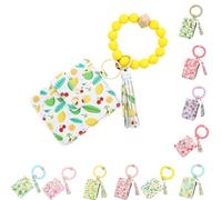 Generico Ladies' Boho Style Wristlet Wallet Keychain With Beaded Tassel Decoration ID Bag Floral Print, Lightweight Feel Compact Size Soft Texture Pouch (Lemon-A)