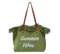 Generico Large Capacity Women's Canvas Beach Bag With Tassels Fashionable And Versatile Crossbody Bag Handbag (verde)