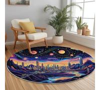 Generico Lavabile Tappeto Rotondo per soggiorno da 180 cm, Fantasy Città Montagne Cielo Stellato Morbido Antiscivolo Tappeto per camera da letto sala da pranzo ufficio cucina, Buio