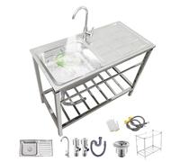 Generico Lavello da Cucina in Acciaio Inox, Portatile, con Rubinetto Acqua Calda/Fredda, a Vasca Singola, con Piano di Lavoro, lavello Industriale di Tipo utilitario con ripiano, Ideale per Locali ad