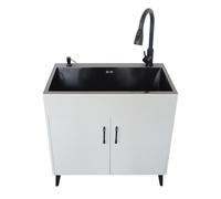 Generico Lavello da Cucina Professionale in Acciaio Inox con mobiletto, lavabo Singolo, Rubinetto per Acqua Calda e Fredda, Dispenser di Sapone, Ideale per Garage, Ristorante, Cucina, Lavanderia, rip