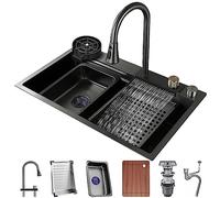 Generico Lavello Multifunzione a Cascata in Acciaio Inox con Display Digitale, Set lavello da Cucina a Cascata in Acciaio Inox con Vasca Singola, Rubinetto Estraibile con doccetta, lavello da Lavoro