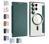 Generico Leather Textured Flip Phone Case, Card Clip Wallet, Slim Fit PU Leather Protective Flip Phone Shell, Magnetic Wireless Charging Covers (dark green,S22)