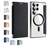 Generico Leather Textured Flip Phone Case, Card Clip Wallet, Slim Fit PU Leather Protective Flip Phone Shell, Magnetic Wireless Charging Covers (Black,S25plus)