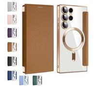 Generico Leather Textured Flip Phone Case, Card Clip Wallet, Slim Fit PU Leather Protective Flip Phone Shell, Magnetic Wireless Charging Covers (Brown,S22plus)