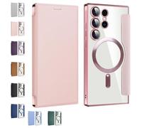 Generico Leather Textured Flip Phone Case, Card Clip Wallet, Slim Fit PU Leather Protective Flip Phone Shell, Magnetic Wireless Charging Covers (Pink,S22ultra)