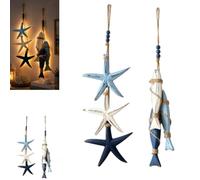 Generico Lighted Coastal Wooden Starfish & Fish Hanging Decor,Beach Wall Decor with Warm LED, Nautical Wooden Wall Art with Fishs Design for Bathroom, Porch and Coastal Home Decors，Star and Fish