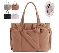 Generico Lightweight Crush Bow Tote Bag for Women, Puffy Quilted Bow Tote Bags for Work, Travel, Beach, Shopping (Brown)