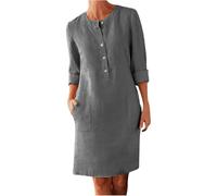 Generico Linen Cotton Dress for Women Women's Half Button Down Linen Dress Button Up Shirt with Pockets Round Neck (Dark Gray,XL)