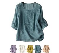 Generico Linen Shirts for Women, Embroidered Tops for Women Trendy Summer Boho 3/4 Sleeve Blouse Dressy Casual Vacation Top 2025 (Blue, M)