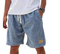 Generico Lininco Mens Shorts, Mokaloha Mens Shorts, Vintage Breathable Linen Embroidered Logo Loose Holiday Short with Pockets (Blue,M)
