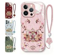 Generico Lotus Pattern Lanyard Hard Case, All-Inclusive Lens Design Phone Cover, Full-Coverage Drop Protection Phone Case for iPhone 17/16/15/14 Pro Max (Pink, for iPhone17)