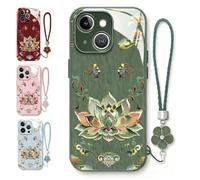 Generico Lotus Pattern Lanyard Hard Case, All-Inclusive Lens Design Phone Cover, Full-Coverage Drop Protection Phone Case for iPhone 17/16/15/14 Pro Max (Green, for iPhone14 Pro Max)