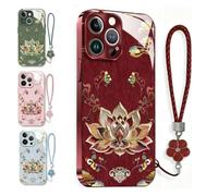 Generico Lotus Pattern Lanyard Hard Case, All-Inclusive Lens Design Phone Cover, Full-Coverage Drop Protection Phone Case for iPhone 17/16/15/14 Pro Max (Red, for iPhone16 Pro Max)