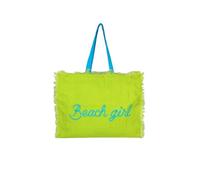 Generico Lovely Beach Borsa da Spiaggia Borsa da Mare Tinta Unita Scritta Beach Girl in Cotone con Manici e Frange, Chiusura con Zip e Tasca Interna 50 x 40 x 15 cm (Lime)