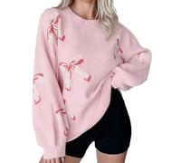 Generico Lupetto con Pizzo Womens Oversized Cute Bow Tie Sweater Fall 2025 Cozy Chunky Ribbed Knit Crewneck Long Sleeve Pullover Tops Maglioni Cotone Donna (Pink, M)