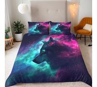 Generico Lupo Parure Copripiumino Matrimoniale 155x220cm Cielo Stellato Aurora Animale Lupo Copripiumino Ragazza Set di Biancheria da Letto Microfibra Cerniera Nascosta 3 Pezzi e 2 x Federe 50x75cm