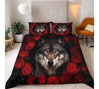 Generico Lupo Parure Copripiumino Matrimoniale 155x220cm Rosa Fiore Animale Lupo Copripiumino Ragazza Set di Biancheria da Letto Microfibra Cerniera Nascosta 3 Pezzi e 2 x Federe 50x75cm