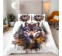 Generico Lupo Set Copripiumino Singolo Bambina 150x200cm Animale Astratto Della Foresta Lupo Copripiumino Microfibra Parure Lavabile Biancheria da Letto 3 Pezzi con Cerniera e 2 Federe 50x75cm