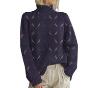Generico Maglia Donna Autunno Maglione Donna Women S 2024 Winter Sweater Casual High Collar Long Sleeve Loose Printed Pullover Sweater Jumper Tops Maglia Lupetto Maglieria Dark Blue XL