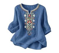 Generico Maglia Donna con Ricami in Cotone e Lino, Blusa a Cinque Decimi Maniche, Top Traspirante e Delicato, Maglietta Camicia da Donna