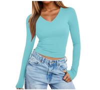 Generico Maglia Donna con Scollo a V in Tessuto Morbido e Caldo per Un Elegante e Comodo Ogni Giorno (Blue, S)