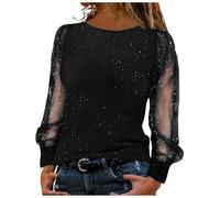 Generico Maglia Donna Elegante Paillettes Manica Lunga Mesh Trasparente Top Sexy Glitterato per Capodanno Natale Camicetta Luccicante Sottogiacca Festa Discoteca T-Shirt Invernale (Black, XL)