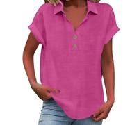 Generico Maglia Donna Lino Cotone Polo con Collo a Camicia, Blusa Casual Maniche Corte a Copertura Spalla, Top Estivo Oversize con Bottoni, Maglietta Elegante Tinta Unita Comoda Camicia in Lino