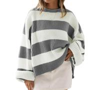 Generico Maglia Donna Maglia Maniche Lunghe Cotone Women S Crew Neck Long Sleeved Striped Sweater with Flared Sleeves Maglione Donna Maglie Autunno Grey M