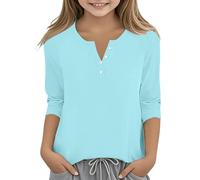 Generico Maglia Rossa Bambina Modello a Scollo a V con Bottoni e Maniche a Tre Quarti, Stile Grazioso, Perfetto per la Stagione Estiva(Azzurro8-9 Anni)
