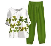 Generico Maglia Signora Anziana Camicetta Stampata a Cinque Maniche da Donna in Cotone e Lino con Pantaloni a Due Pezzi