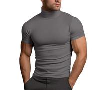 Generico Maglia Uomo Estiva Monocolore con Collo Alto a Turtene, a Maniche Corte, in Cotone Soffice, Top Comfort per Giorni Caldi e Relax(Grey, XXXL)