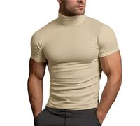 Generico Maglia Uomo Estiva Monocolore con Collo Alto a Turtene, a Maniche Corte, in Cotone Soffice, Top Comfort per Giorni Caldi e Relax(Beige, XL)