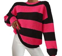 Generico Maglie Donna Manica Lunga Maglie Donna Lupetto Striped Sweater Loose Lazy Long Sleeved Pullover Round Neck Knit Sweater Maglia Pullover Watermelon Red XL