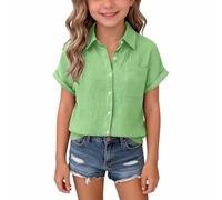 Generico Maglietta Bianca,Maglietta Bambina,Modello Maniche Lunghe con Colletto Ampio e Doppia Piega, Tinta Unita con Bottoni per Ragazze (Light Green, 13-14 Years)