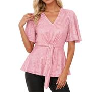 Generico Maglietta Carnevale Donna - Magliette Donna Maglietta Casual e da Festa con Scollo a V Maniche Corte Svasate e Lacci sul Davanti Glitterata da Indossare Tutti i Giorni (RD4 S)